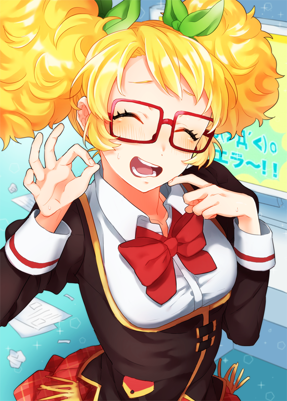 1girl afro_puffs aikatsu! aikatsu!_(series) blush bow closed_eyes crumpled_paper embarrassed eyelashes glasses green_bow long_sleeves ok_sign open_mouth paper red-framed_eyewear red_bow saegusa_kii school_uniform shiman solo teeth