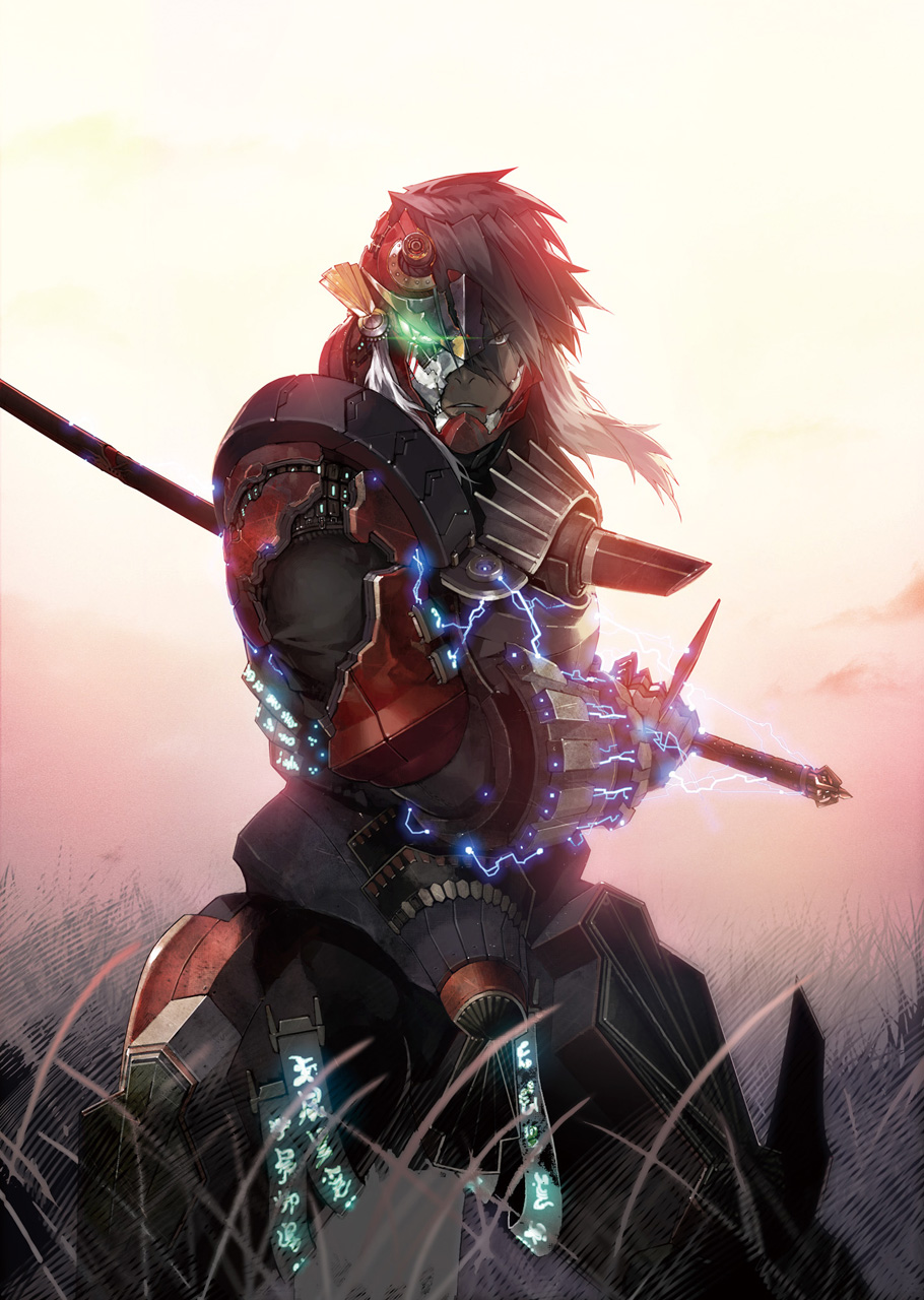 1boy armor backlighting black_eyes black_hair blood blood_from_mouth broken_armor damaged electricity feet_out_of_frame fighting_stance floating_hair full_armor glowing glowing_eye highres holding holding_sword holding_weapon katana looking_at_viewer male_focus medium_hair minato_kageaki namaniku_atk official_art outdoors parted_lips serious sky solo soukou_akki_muramasa sparks stance sword tall_grass twilight weapon
