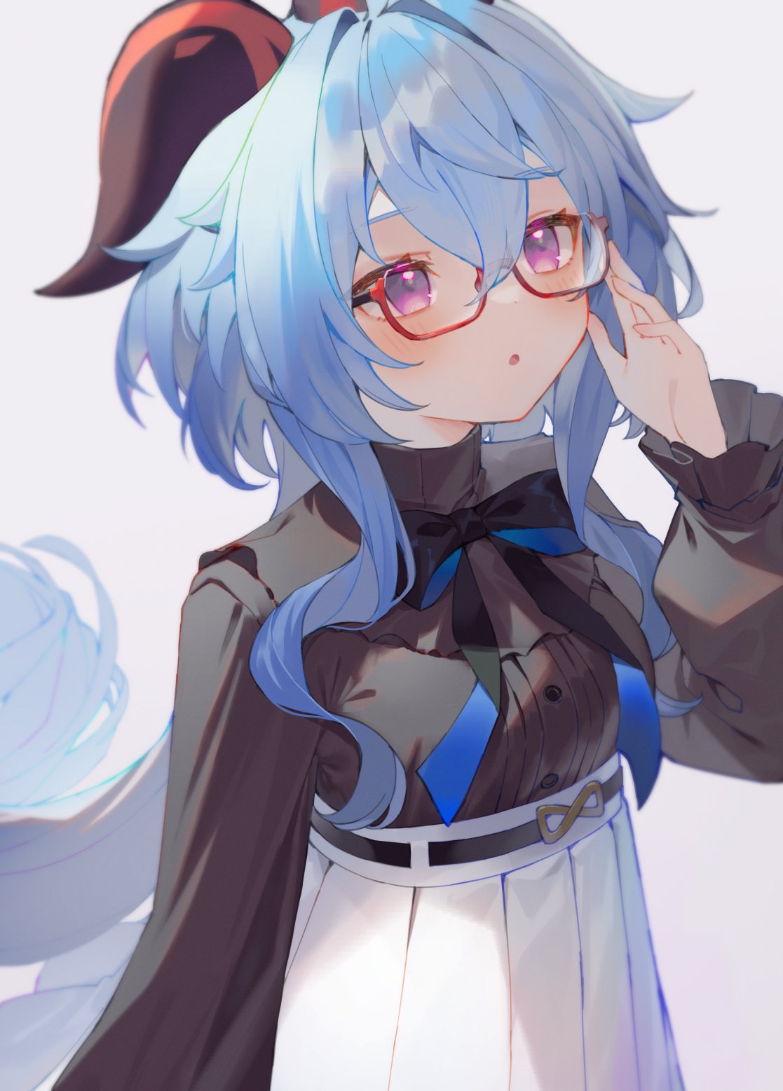 1girl adjusting_eyewear bangs belt black_belt black_bow black_bowtie black_shirt blue_bow blue_bowtie blue_hair blush bow bowtie breasts buttons commentary_request frilled_shirt frilled_sleeves frills ganyu_(china_merchants_bank)_(genshin_impact) ganyu_(genshin_impact) genshin_impact glasses goat_horns grey_background hair_between_eyes hand_up high-waist_skirt highres horns kanase_(mcbrwn18) long_hair long_sleeves looking_to_the_side medium_breasts official_alternate_costume open_mouth ponytail puffy_long_sleeves puffy_sleeves purple_eyes red-framed_eyewear semi-rimless_eyewear shirt shirt_tucked_in sidelocks simple_background skirt solo standing turtleneck two-tone_bow two-tone_bowtie white_skirt