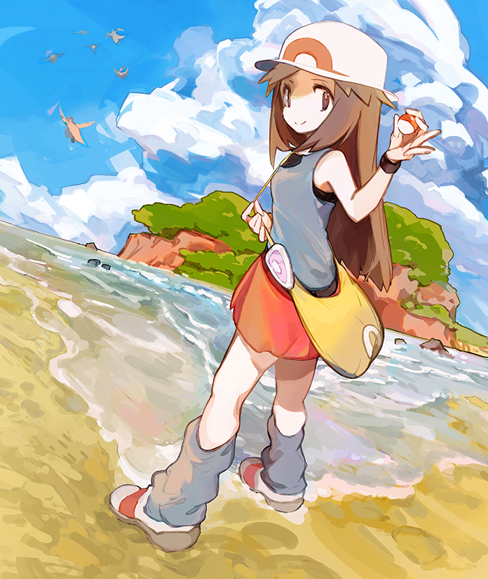 1girl bangs brown_eyes brown_hair closed_mouth cloud commentary day hat holding holding_poke_ball leaf_(pokemon) lillin long_hair loose_socks outdoors pidgey poke_ball poke_ball_(basic) pokemon pokemon_(creature) pokemon_(game) pokemon_frlg sand shirt shoes shore skirt sky sleeveless sleeveless_shirt smile socks water white_footwear white_headwear wristband