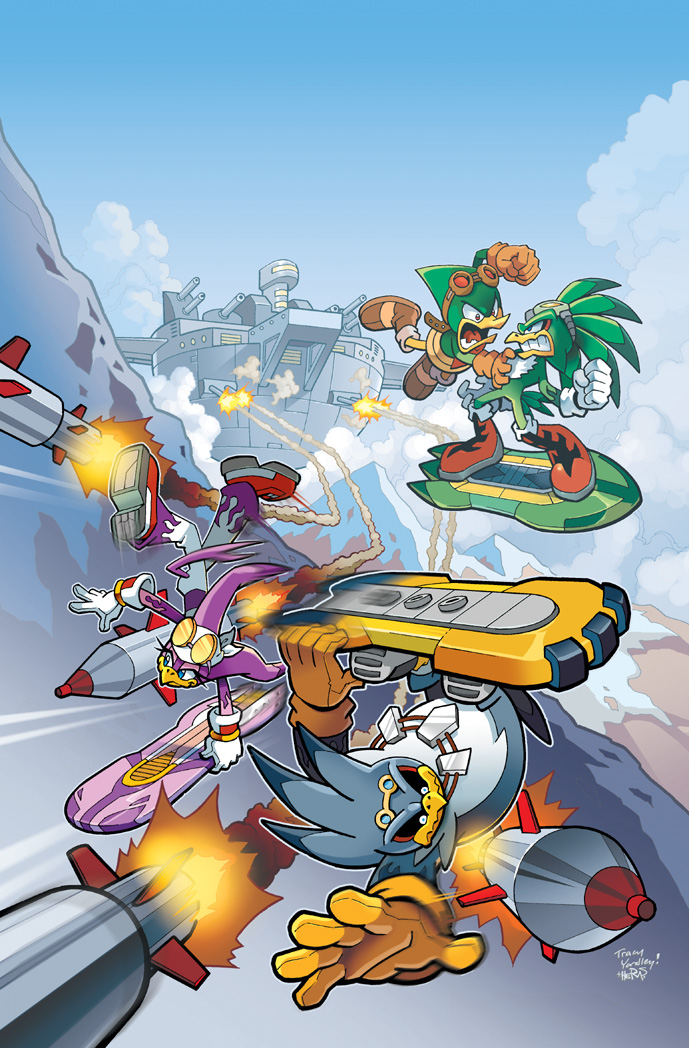 1girl 3boys blue_sky brown_gloves cloud cloudy_sky collaboration commentary english_commentary furry gloves hover_board jet_the_hawk matt_herms missile multiple_boys sky sonic_(series) sonic_the_hedgehog_(archie_comics) storm_the_albatross tracy_yardley wave_the_swallow white_gloves