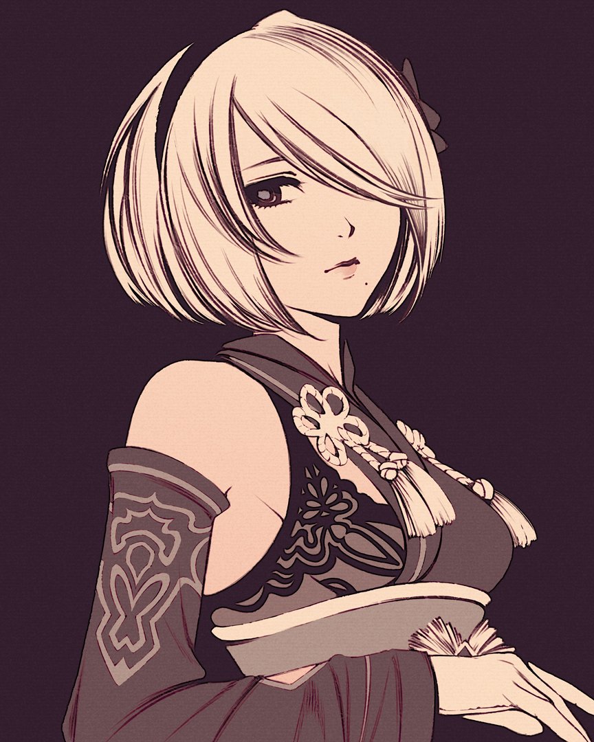 1girl bangs black_hairband blue_eyes breasts dress gloves hair_over_one_eye hairband japanese_clothes kimono long_sleeves looking_at_viewer mole mole_under_mouth moshimoshibe nier nier_(series) nier_automata short_hair solo white_hair yorha_no._2_type_b