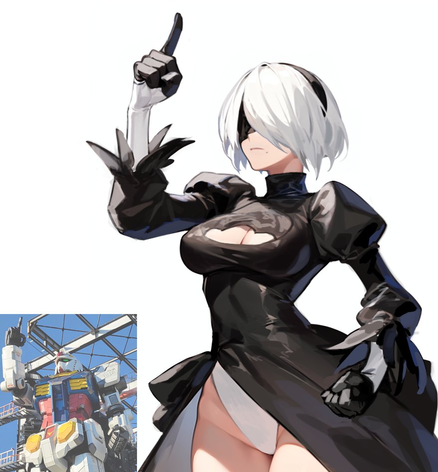 1girl black_blindfold black_dress blindfold cleavage_cutout clothing_cutout dress gloves gundam hairband haje juliet_sleeves leotard leotard_under_clothes long_sleeves mecha mobile_suit mobile_suit_gundam mole mole_under_mouth nier_(series) nier_automata photo-referenced puffy_sleeves real_life robot rx-78-2 rx-78f00 short_hair white_hair yorha_no._2_type_b