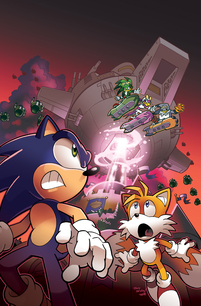 1girl 4boys blue_eyes collaboration commentary english_commentary furry gloves goggles goggles_on_head green_eyes grin hover_board jet_the_hawk matt_herms multiple_boys outdoors red_sky sky smile sonic_(series) sonic_the_hedgehog sonic_the_hedgehog_(archie_comics) storm_the_albatross tails_(sonic) teeth tracy_yardley wave_the_swallow white_gloves