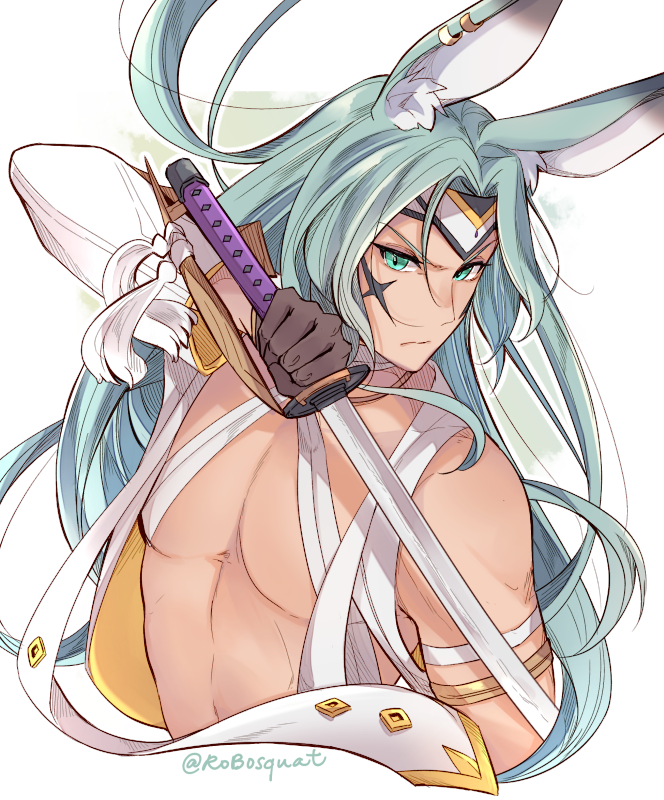 1boy animal_ears blue_eyes blue_hair brown_gloves carrot_(robosquat) detached_sleeves dragalia_lost facial_mark gloves headband holding holding_sword holding_weapon long_hair looking_at_viewer luca_(dragalia_lost) male_focus official_alternate_costume rabbit_ears serious single_sleeve solo sword topless_male twitter_username upper_body very_long_hair weapon white_background