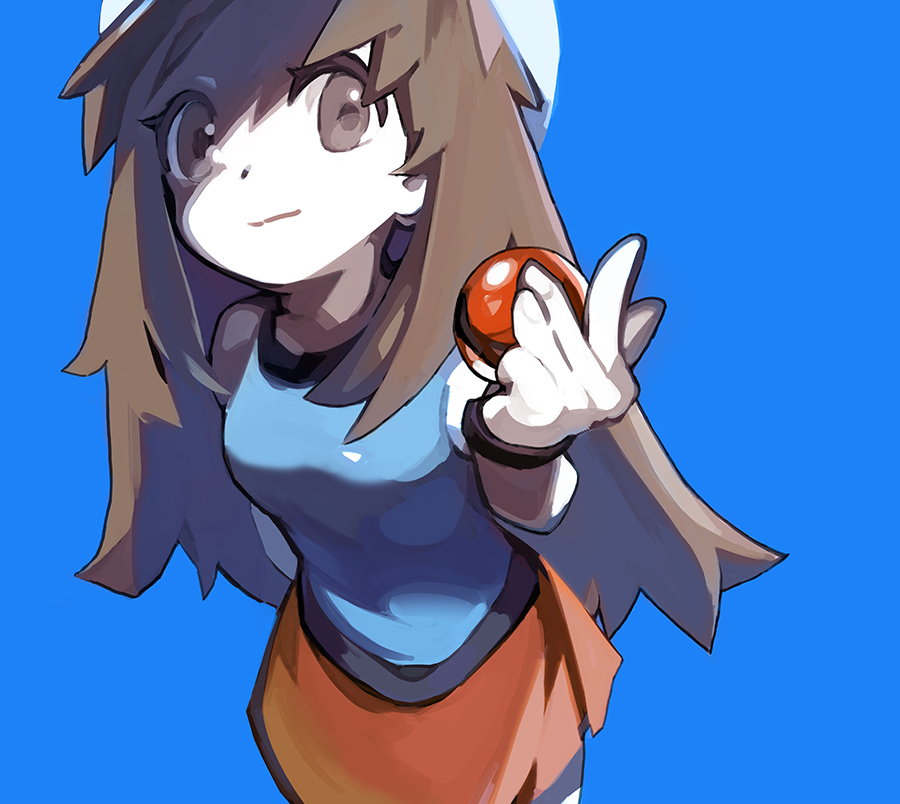 1girl bangs blue_background blue_shirt brown_eyes brown_hair closed_mouth commentary eyelashes hand_up hat holding holding_poke_ball leaf_(pokemon) lillin long_hair poke_ball poke_ball_(basic) pokemon pokemon_(game) pokemon_frlg shirt simple_background skirt sleeveless sleeveless_shirt solo white_headwear wristband