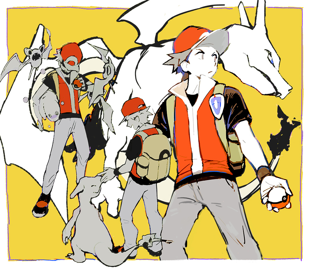 1boy backpack bag baggy_pants baseball_cap black_footwear border charizard charmander charmeleon closed_mouth evolutionary_line grey_pants hat holding holding_poke_ball holding_pokemon jacket lillin male_focus pants poisoned poke_ball poke_ball_(basic) pokemon pokemon_(creature) pokemon_(game) pokemon_frlg red_(pokemon) red_headwear red_jacket shirt shoes short_hair sleeveless sleeveless_jacket spiked_hair t-shirt vs_seeker white_border yellow_bag zubat