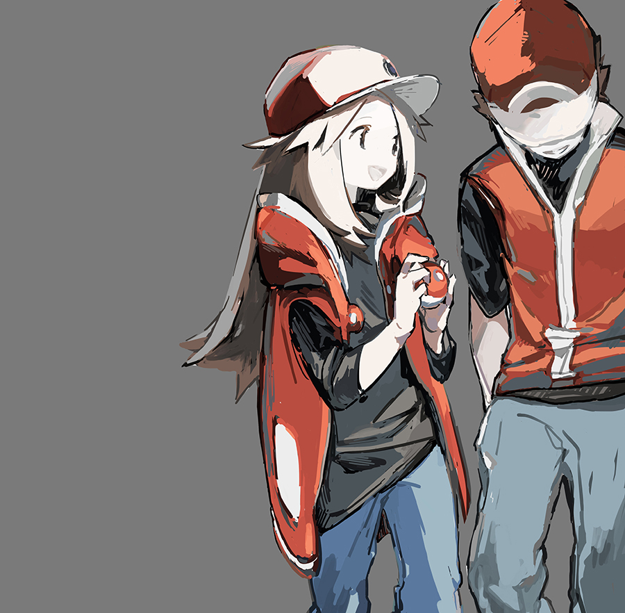 1boy 1girl :d baseball_cap brown_hair coat commentary cosplay grey_background grey_pants hat holding holding_poke_ball leaf_(pokemon) lillin long_hair open_mouth pants parted_lips poke_ball poke_ball_(basic) pokemon pokemon_(game) pokemon_frlg pokemon_masters_ex red_(pokemon) red_(pokemon)_(cosplay) red_(sygna_suit)_(pokemon) red_coat red_headwear shirt sidelocks simple_background sleeveless sleeveless_jacket smile t-shirt