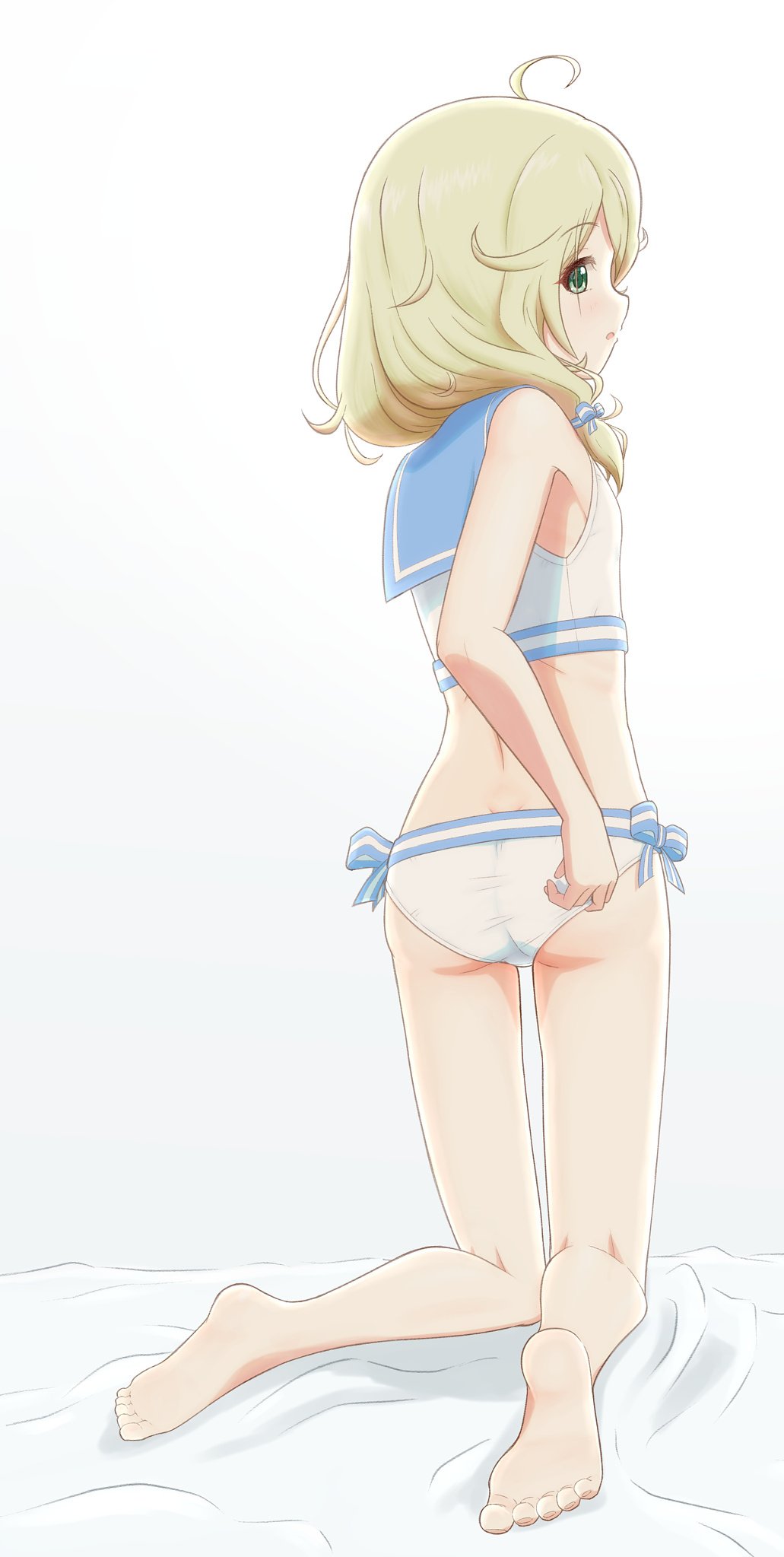 1girl adjusting_clothes adjusting_swimsuit ahoge ass bangs barefoot bed_sheet bikini blonde_hair blue_bow blue_sailor_collar bow commentary e_sen_a1000 feet female_child flat_chest full_body green_eyes highres idolmaster idolmaster_cinderella_girls kneeling legs looking_back low_twintails medium_hair messy_hair on_bed open_mouth sailor_collar sailor_swimsuit_(idolmaster) solo swimsuit thighs toes twintails white_background white_bikini yusa_kozue