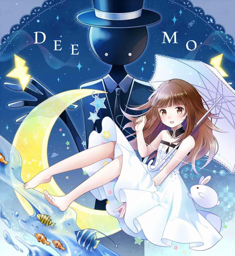 1boy 1girl bangs bare_shoulders black_suit blush brown_hair butterflyfish clownfish copyright_name deemo deemo_(character) dress edamame_888 fish formal girl_(deemo) hat holding holding_umbrella long_hair necktie open_mouth rabbit star_(symbol) suit top_hat tropical_fish umbrella water white_dress white_umbrella