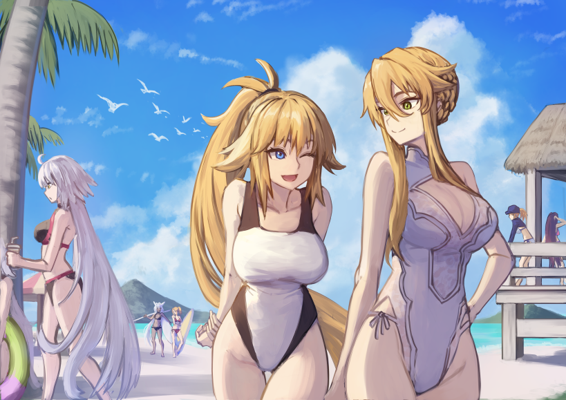 6+girls ahoge artoria_pendragon_(fate) artoria_pendragon_(swimsuit_ruler)_(fate) artoria_pendragon_(swimsuit_ruler)_(second_ascension)_(fate) bangs bare_shoulders beach bikini bird blonde_hair blue_eyes blue_sky braid breasts brown_hair caenis_(fate) caenis_(swimsuit_rider)_(fate) cleavage cloud collarbone commission competition_swimsuit day fate/grand_order fate/stay_night fate_(series) green_eyes hair_between_eyes highleg highleg_swimsuit janoukyo19 jeanne_d'arc_(fate) jeanne_d'arc_(swimsuit_archer)_(fate) jeanne_d'arc_alter_(fate) jeanne_d'arc_alter_(swimsuit_berserker)_(fate) large_breasts long_hair mordred_(fate) mordred_(swimsuit_rider)_(fate) multiple_girls mysterious_heroine_xx_(fate) ocean one-piece_swimsuit open_mouth outdoors palm_tree ponytail scathach_(fate) scathach_(swimsuit_assassin)_(fate) scathach_skadi_(fate) short_hair sidelocks skeb_commission sky smile standing swimsuit tree very_long_hair white_hair white_one-piece_swimsuit