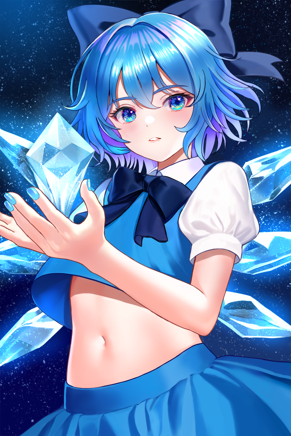 1girl blue_bow blue_bowtie blue_eyes blue_hair blue_nails blue_shirt blue_skirt blush bow bowtie cirno commentary crop_top crop_top_overhang hair_bow highres ice ice_wings midriff nail_polish navel parted_lips puffy_short_sleeves puffy_sleeves shirt short_hair short_sleeves skirt skirt_set solo stomach touhou uemura_shun upper_body wings