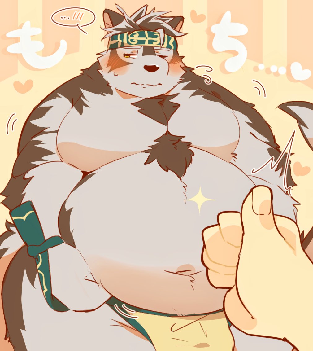 0119_muu 2023 anthro belly big_belly blush bottomwear bulge canid canine canis clothing duo horkeu_kamui_(tas) humanoid_hands kemono lifewonders loincloth male mammal moobs navel overweight overweight_male solo_focus tokyo_afterschool_summoners wolf