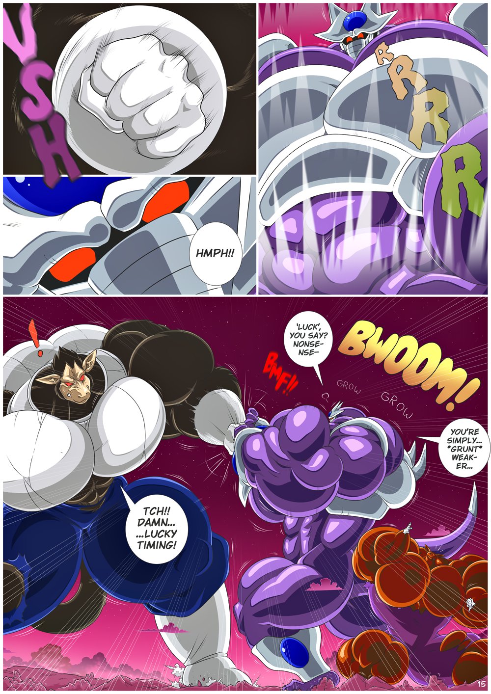 abs alien alien_humanoid armor aura back_muscles big_muscles blue_clothing body_size_growth brown_body brown_fur clothing cloud comic cooler_(dragon_ball) dialogue dnapalmhead dragon_ball fur group growth hi_res huge_muscles huge_pecs humanoid hyper hyper_muscles larger_male long_tail macro male mammal multicolored_body muscle_growth muscular muscular_arms muscular_legs muscular_male muscular_thighs neiz_(dragon_ball) onomatopoeia oozaru primate purple_body purple_clothing red_body red_eyes red_sky sharp_teeth size_difference size_transformation sky sound_effects star starry_sky tail teeth text torn_clothing transformation trio vegeta white_body