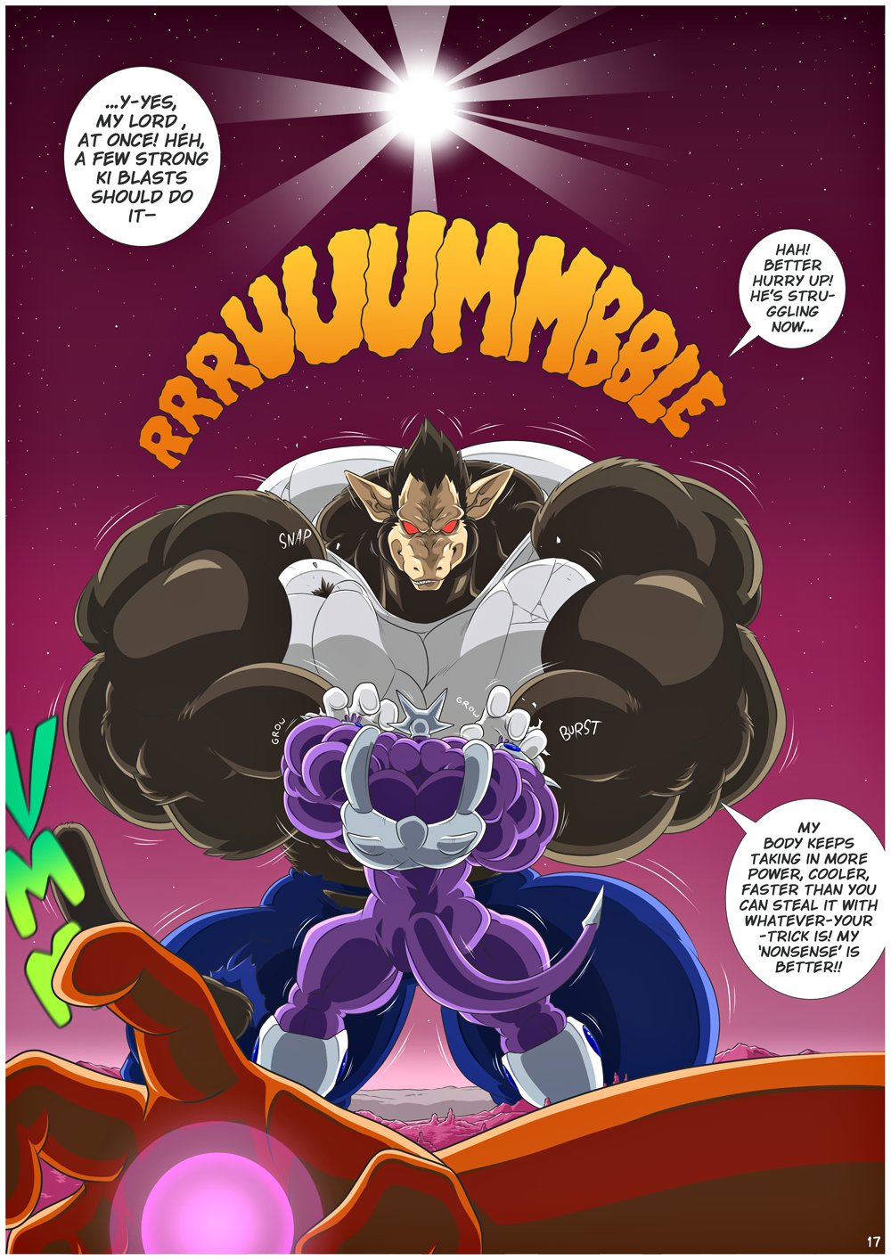 alien alien_humanoid armor back_muscles big_muscles blue_clothing body_size_growth brown_body brown_fur clothing comic cooler_(dragon_ball) dialogue dnapalmhead dragon_ball energy_ball english_text fur group growth hi_res huge_muscles huge_pecs humanoid hyper hyper_muscles larger_male light long_tail macro male mammal moonlight multicolored_body muscle_growth muscular muscular_arms muscular_legs muscular_male muscular_thighs neiz_(dragon_ball) onomatopoeia oozaru open_mouth primate purple_body red_body red_eyes red_sky sharp_teeth size_difference size_transformation sky sound_effects star starry_sky tail teeth text torn_clothing transformation trio vegeta white_body