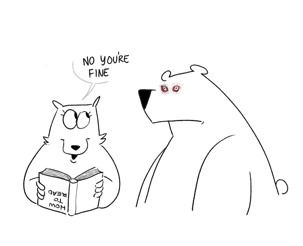 anthro bear book dialogue duo female holding_object invalid_tag looking_at_another male mammal reading red_eyes text twist_(twistcmyk) twistcmyk