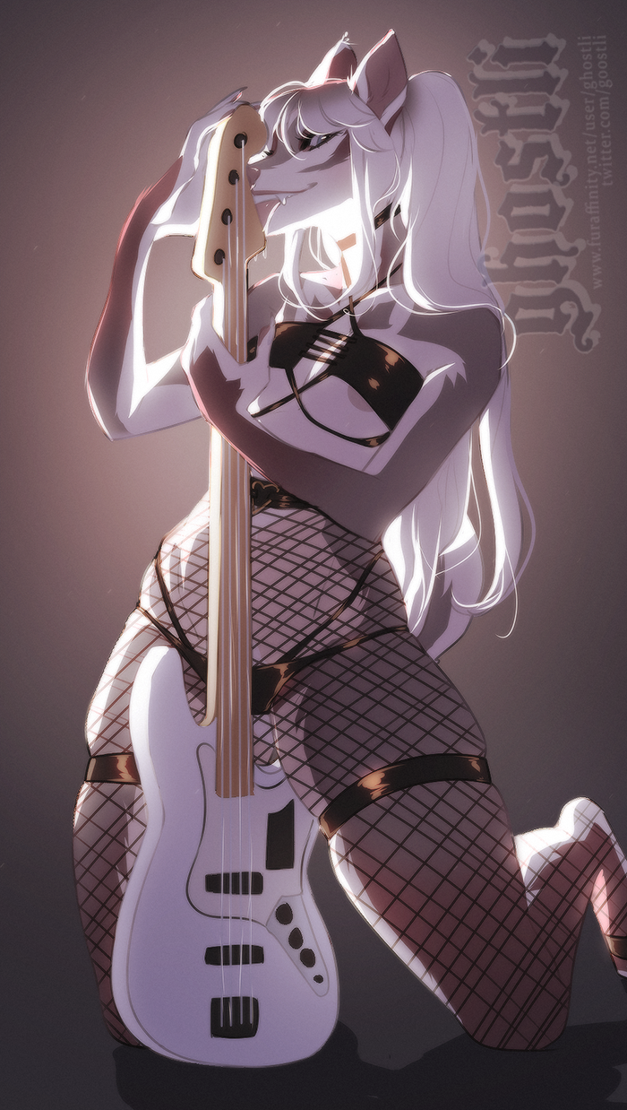 anthro blonde_hair blue_eyes breasts brown_body brown_fur canid canine canis clothing curled_tail domestic_dog female female/female fishnet fur ghostli goth guitar hair hi_res jazz_bass lingerie male male/female mammal musical_instrument natural_colors paws piercing pinup plucked_string_instrument pose puppyabsinthe shiba_inu spitz stevie string_instrument tan_body tan_fur teeth teeth_showing