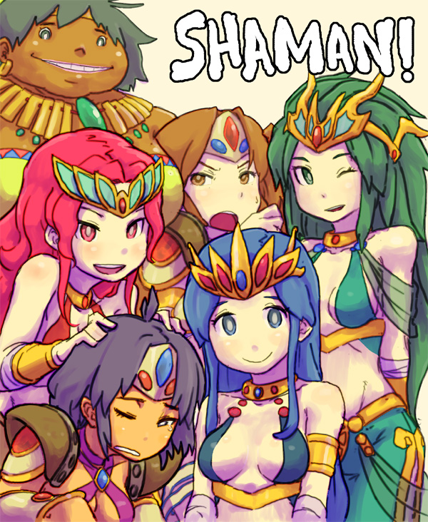 ;d beige_background breasts breath_of_fire breath_of_fire_ii cleavage curvy dark_skin gem grin looking_at_viewer medium_breasts multiple_girls one_eye_closed open_mouth parted_lips sana seny seso shin_(breath_of_fire) simple_background smile solo_(breath_of_fire) spoo_(breath_of_fire) tiara yuuna_(alexi)