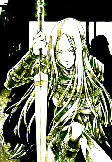amputee claymore claymore_(sword) frown holding holding_sword holding_weapon irene_(claymore) koujakurou_(artist) long_hair pointy_ears shadow solo strap sword weapon