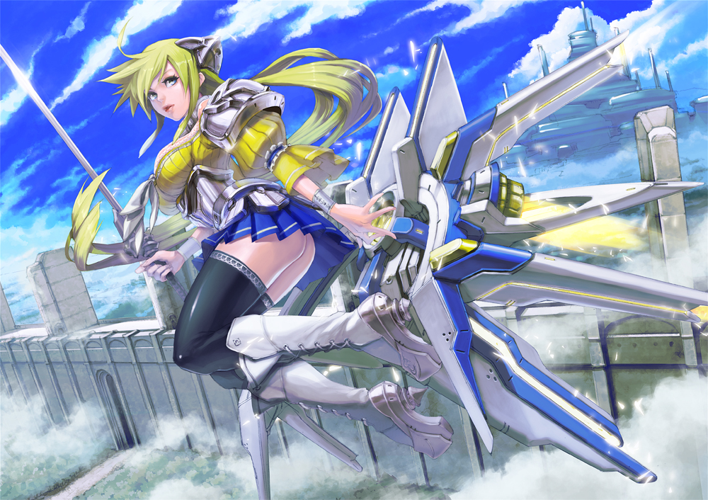 aro_(charged_time_out) ass bad_id bad_pixiv_id blonde_hair blue_eyes boots flying knee_boots legs lips long_hair mecha_musume no_panties original ponytail skirt solo sword thighhighs very_long_hair weapon zettai_ryouiki