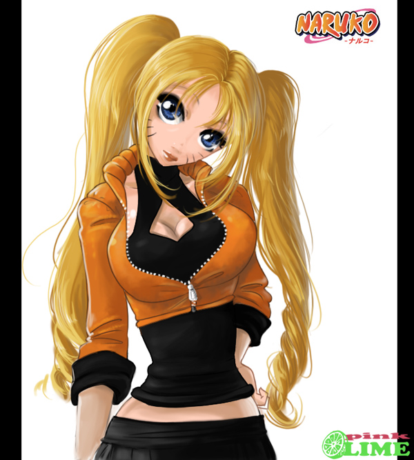 blonde_hair blue_eyes cleavage_cutout naruko naruto_(series) naruto_shippuuden pink-lime solo twintails