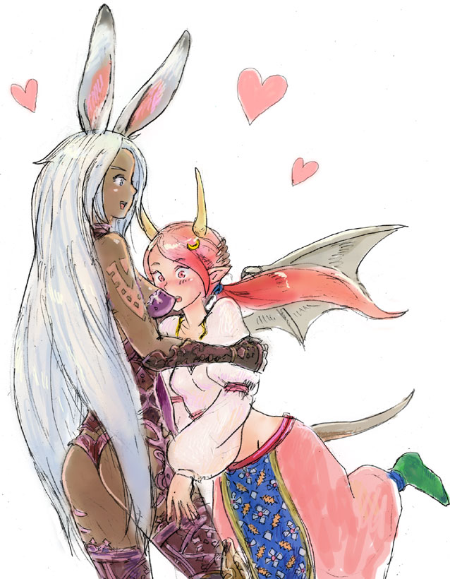 animal_ears ass bunny_ears commentary dark_skin dragon_girl dragon_horns dragon_tail final_fantasy final_fantasy_tactics_a2 final_fantasy_tactics_advance gria horns long_hair marmelo monster_girl multiple_girls pink_hair tail thighhighs viera white_hair wings yuri