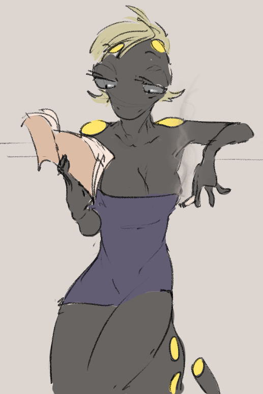2019 amphibian anthro book cigarette clothed clothing dotkwa female grey_background half-closed_eyes holding_object leaning reading salamander simple_background smoking solo spots spotted_salamander spotted_skin strapless_dress