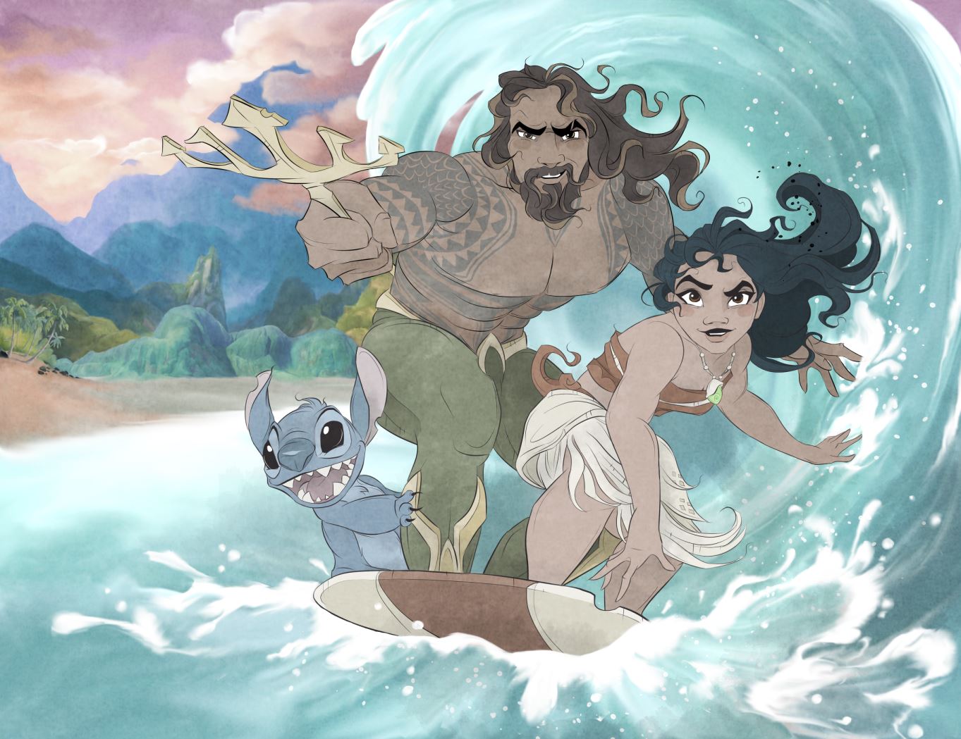 2019 5_fingers alien aquaman beach beard black_eyes black_hair blue_fur blue_nose brown_eyes brown_hair chest_tuft claws crossover dc_comics digital_drawing_(artwork) digital_media_(artwork) disney dreadillustrations experiment_(species) facial_hair female fur group hair head_tuft holding_object human human_focus jewelry lilo_and_stitch male mammal melee_weapon moana moana_waialiki muscular muscular_male necklace notched_ear open_mouth open_smile palm_tree polearm seaside size_difference smile stitch surfing tattoo te_fiti tree trident tropical tuft water wave weapon