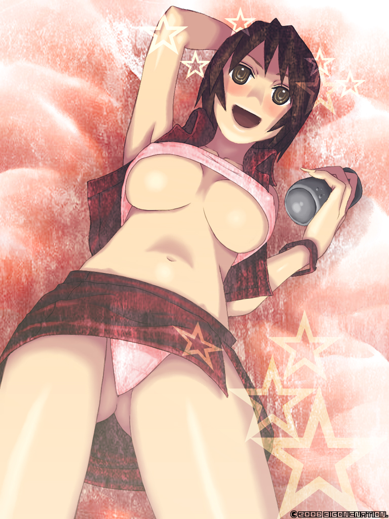 ass_visible_through_thighs breasts brown_eyes brown_hair can from_below large_breasts meiko midriff navel panties raichi_(litchixlitchi) skirt smile solo underboob underwear vocaloid
