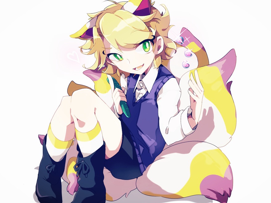 1boy black_footwear blonde_hair blue_vest boots child cucumber fang food fox_boy gem green_eyes hisaboden holding holding_food holding_vegetable kitsune kneehighs kyuubi_(youkai_watch) long_sleeves male_child multiple_tails open_mouth shirt short_hair simple_background sitting skin_fang socks solo tail vegetable vest white_background white_shirt youkai_watch