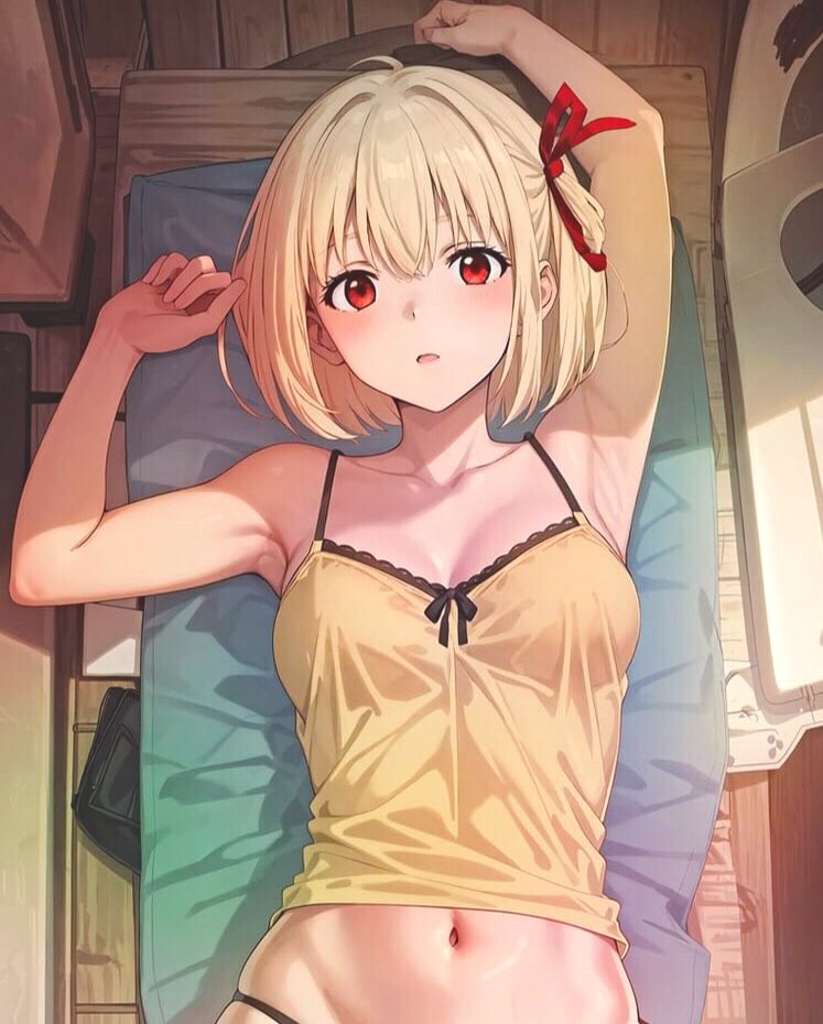 1girl ai-generated armpits arms_up black_panties blonde_hair blush breasts camisole error hair_ornament jpeg_artifacts looking_at_viewer lycoris_recoil lying medium_breasts navel nishikigi_chisato on_back on_bed open_mouth panties pov red_eyes short_hair solo stomach sunlight underwear whirlpai wrong_hand yellow_camisole