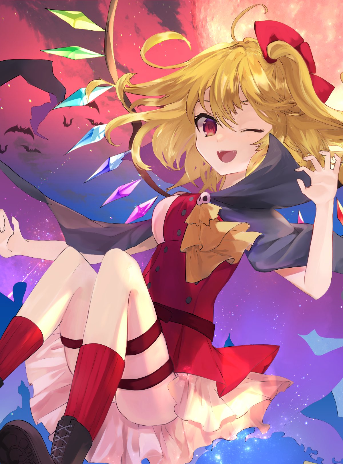 1girl ahoge bangs bat_(animal) bat_wings belt black_cape black_footwear blonde_hair boots bow breasts brown_belt buttons cape crystal dress eyebrows_hidden_by_hair eyelashes fang flandre_scarlet frilled_dress frills full_moon hair_between_eyes hair_bow halloween halloween_costume hand_up happy high_collar highres legs light_particles medium_breasts medium_hair moon multicolored_wings neckerchief no_headwear one_eye_closed open_mouth paw_pose rainbow_order red_bow red_dress red_eyes red_moon red_sky short_dress side_ponytail skull_ornament sky smile solo teeth thigh_strap thighs touhou tsukikusa upper_teeth_only wind wings yellow_neckerchief