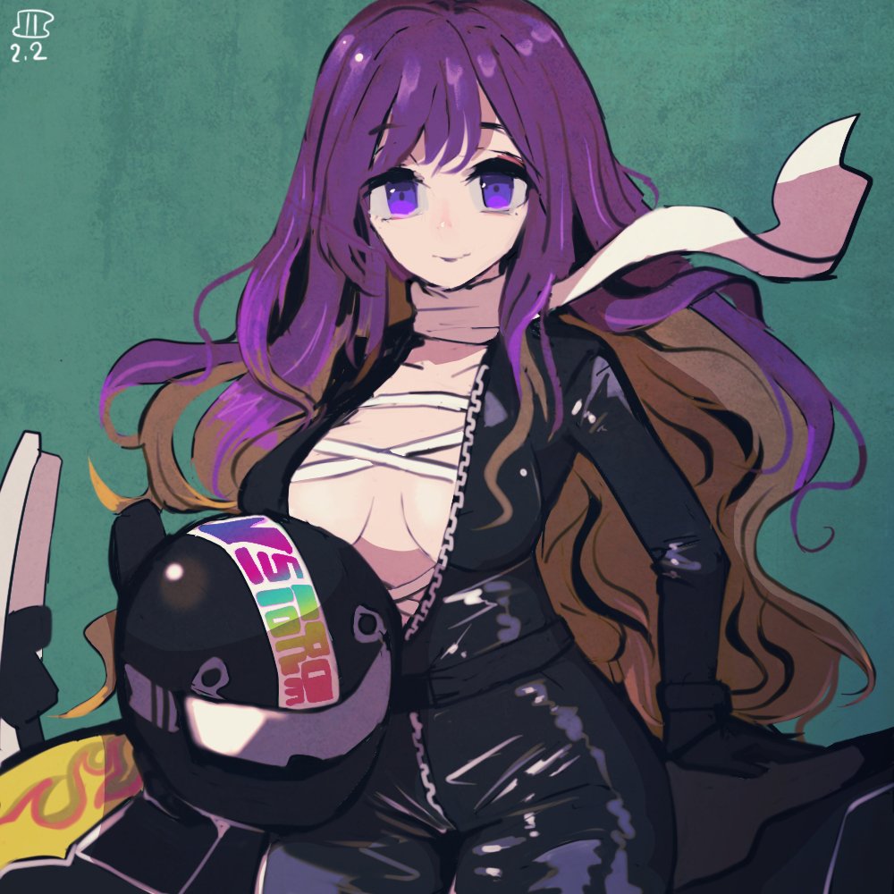 bangs biker_clothes bikesuit black_bodysuit bodysuit breasts brown_hair cleavage closed_mouth dated ground_vehicle helmet hijiri_byakuren holding holding_helmet large_breasts long_hair maaru_(akira428) motor_vehicle motorcycle motorcycle_helmet official_alternate_costume one-hour_drawing_challenge purple_eyes purple_hair scarf smile touhou turbo_byakuren urban_legend_in_limbo wavy_hair white_scarf