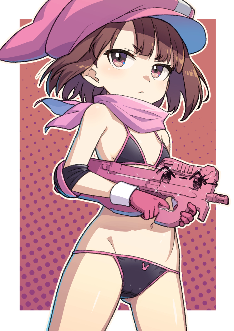 1girl alternate_costume animal_ears animal_hat bandana bangs bare_shoulders bikini black_bikini blush brown_hair bullpup flat_chest gloves gun hat heebee holding holding_gun holding_weapon llenn_(sao) looking_at_viewer navel p-chan_(p-90) p90 pink_bandana pink_gloves pink_headwear polka_dot polka_dot_background rabbit_ears short_hair solo string_bikini submachine_gun swimsuit sword_art_online sword_art_online_alternative:_gun_gale_online weapon