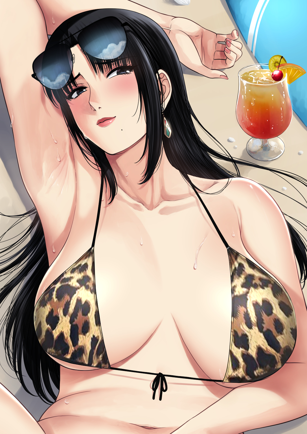 1girl animal_print arm_over_head arm_under_breasts arm_up armpit_crease armpits bangs beach bikini bikini_top_only black_eyes black_hair blush bra breasts cleavage cocktail_glass collarbone cup drink drinking_glass earrings eyewear_on_head highres jewelry large_breasts leopard_print lips long_hair looking_at_viewer looking_to_the_side lying mole mole_under_mouth navel on_back original plump smile string_bikini sunglasses sweat sweatdrop swimsuit turning_head underwear xter