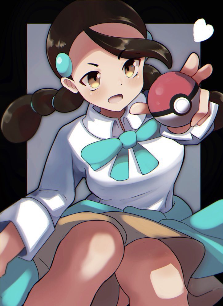 1girl black_hair breasts brown_eyes brown_skirt candice_(pokemon) holding holding_poke_ball long_hair long_sleeves multi-tied_hair poke_ball poke_ball_(basic) pokemon pokemon_(game) pokemon_dppt shirt skirt solo twintails umiru white_shirt