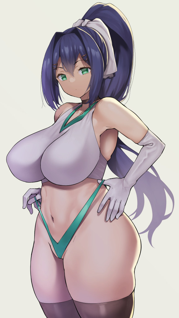 bare_shoulders blue_hair breasts choker closed_mouth covered_nipples cowboy_shot crop_top curvy elbow_gloves gloves green_eyes green_gym_girl_(nagase_haruhito) green_panties hair_between_eyes hair_intakes highleg highleg_panties huge_breasts impossible_clothes impossible_shirt long_hair nagase_haruhito navel original paid_reward_available panties ponytail shirt sideboob simple_background strap_pull thick_thighs thighhighs thighs underwear v-neck