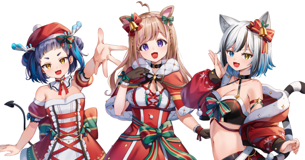 3girls ahoge animal_ear_fluff animal_ears antlers bangs bare_shoulders bell black_gloves black_hair blue_eyes blue_hair bow braid breasts brown_hair capelet chyoling cleavage commentary_request cottage_project cropped_jacket demon_tail detached_sleeves double_bun dress frilled_gloves frills gloves grey_hair hair_bell hair_bow hair_bun hair_ornament hat heterochromia jacket long_hair long_sleeves mashika_tsuno medium_breasts memori_tsumugi multicolored_hair multiple_girls off_shoulder official_art open_clothes open_jacket outstretched_arm pink_hair puffy_long_sleeves puffy_short_sleeves puffy_sleeves purple_eyes red_bow red_capelet red_dress red_headwear red_jacket red_sleeves santa_costume santa_hat short_sleeves simple_background strapless strapless_dress streaked_hair striped_tail tail upper_body virtual_youtuber white_background yellow_eyes yukine_kohaku