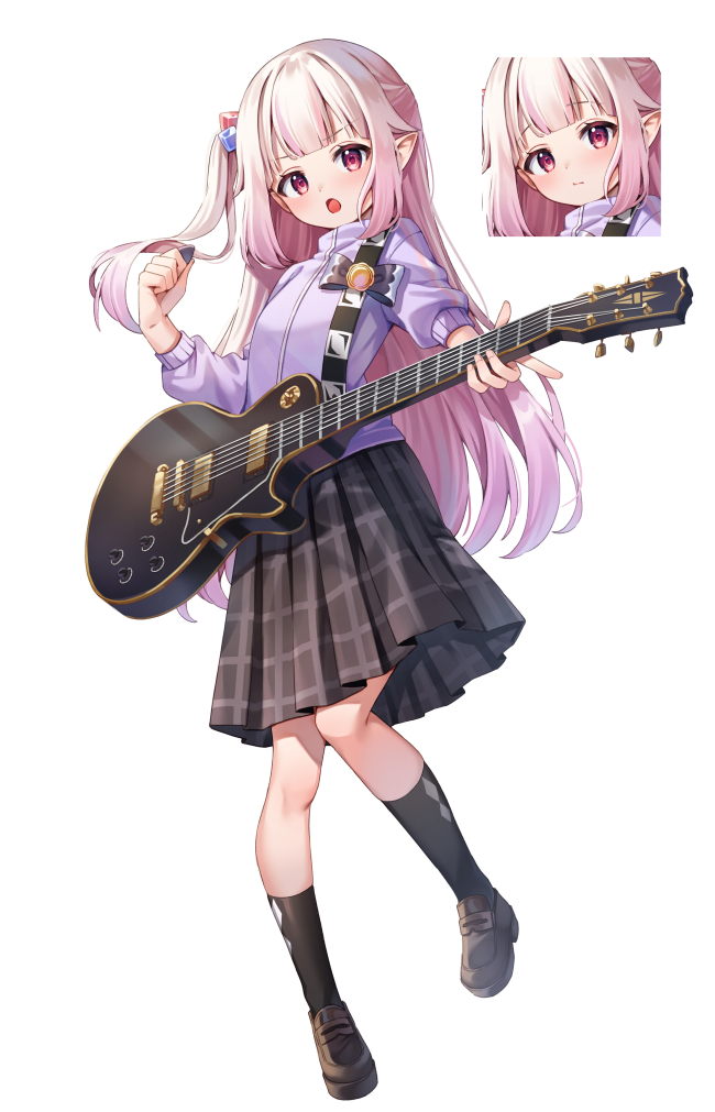 1girl :o bangs black_skirt black_socks bocchi_the_rock! brown_footwear chucolala chyoling closed_mouth commentary_request cube_hair_ornament electric_guitar full_body grey_hair guitar hair_ornament holding holding_instrument instrument jacket loafers long_hair long_sleeves mashiro_kanon multiple_views official_art one_side_up open_mouth pleated_skirt plectrum pointy_ears puffy_long_sleeves puffy_sleeves purple_jacket red_eyes school_uniform shoes skirt socks standing standing_on_one_leg track_jacket v-shaped_eyebrows very_long_hair virtual_youtuber