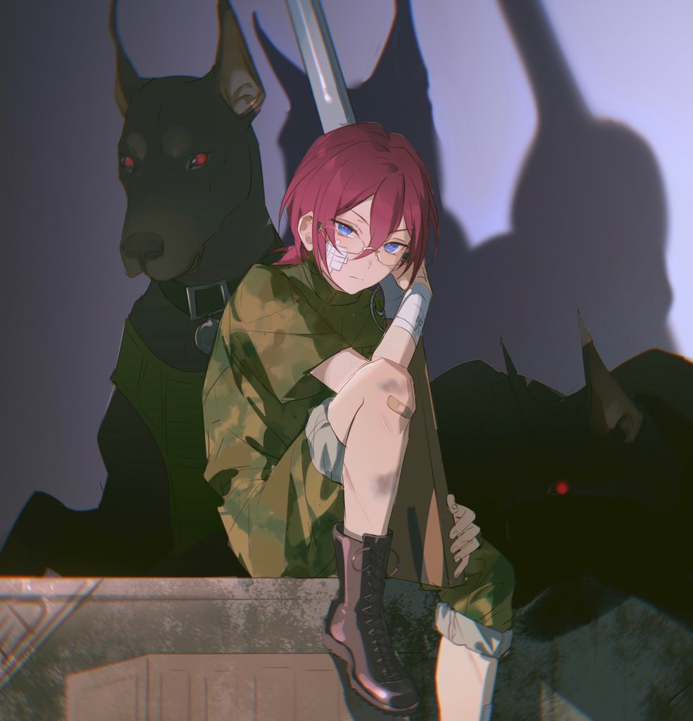 1boy aged_down animal_collar bandage_on_face bandages bandaid bangs blue_eyes boots closed_mouth collar doberman dog ensemble_stars! fingernails glasses gun hair_between_eyes high_collar holding holding_gun holding_weapon knee_up medium_hair military military_uniform pants pants_rolled_up ponytail purple_hair rrr_(reason) saegusa_ibara shoelaces short_hair sitting solo uniform weapon wrist_wrap