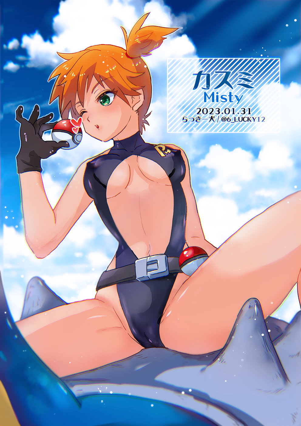 1girl 6_lucky12 bangs belt belt_buckle black_gloves black_one-piece_swimsuit breasts buckle character_name cloud commentary_request covered_nipples dated day eyelashes gloves green_eyes heart highres holding holding_poke_ball lapras looking_at_object medium_breasts misty_(pokemon) one-piece_swimsuit one_eye_closed one_side_up orange_hair outdoors poke_ball poke_ball_(basic) pokemon pokemon:_the_electric_tale_of_pikachu pokemon_(creature) riding riding_pokemon short_hair sitting sky spread_legs swimsuit watermark