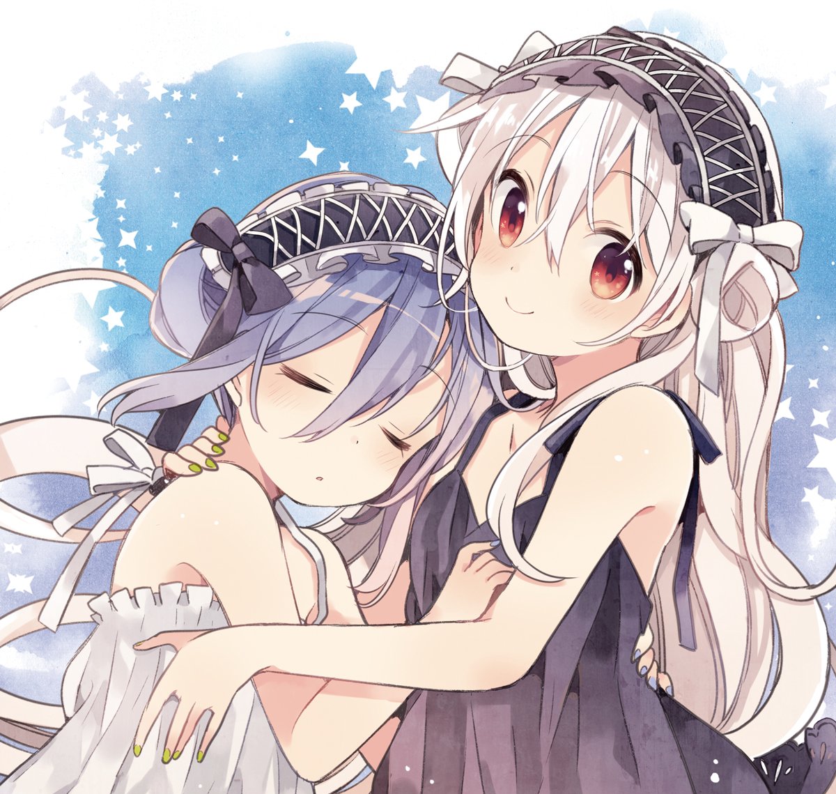 2girls :o bangs black_bow black_dress blue_background blue_hair blue_nails bow chiya_(urara_meirochou) closed_eyes closed_mouth double_bun dress frilled_dress frilled_hairband frills green_nails hair_between_eyes hair_bun hairband hand_on_another's_neck harikamo head_tilt hug long_hair looking_at_viewer matching_outfit multiple_girls nijou_omi official_art parted_lips red_eyes sleeveless sleeveless_dress smile spaghetti_strap sparkle star_(symbol) upper_body urara_meirochou very_long_hair white_bow white_dress white_hair