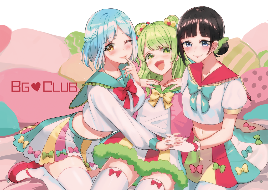 3girls bangs black_hair blue_bow blue_eyes blue_hair blush bow bow_legwear bow_skirt braid double_bun eyelashes finger_to_mouth green_bow green_eyes hair_bun holding_hands kneeling koniro mary_janes moira_(nijisanji) morinaka_kazaki multiple_girls navel nijisanji one_eye_closed open_mouth pink_bow red_bow red_footwear school_uniform shoes short_hair sitting smile suzuka_utako thighhighs virtual_youtuber white_thighhighs yellow_bow yellow_eyes