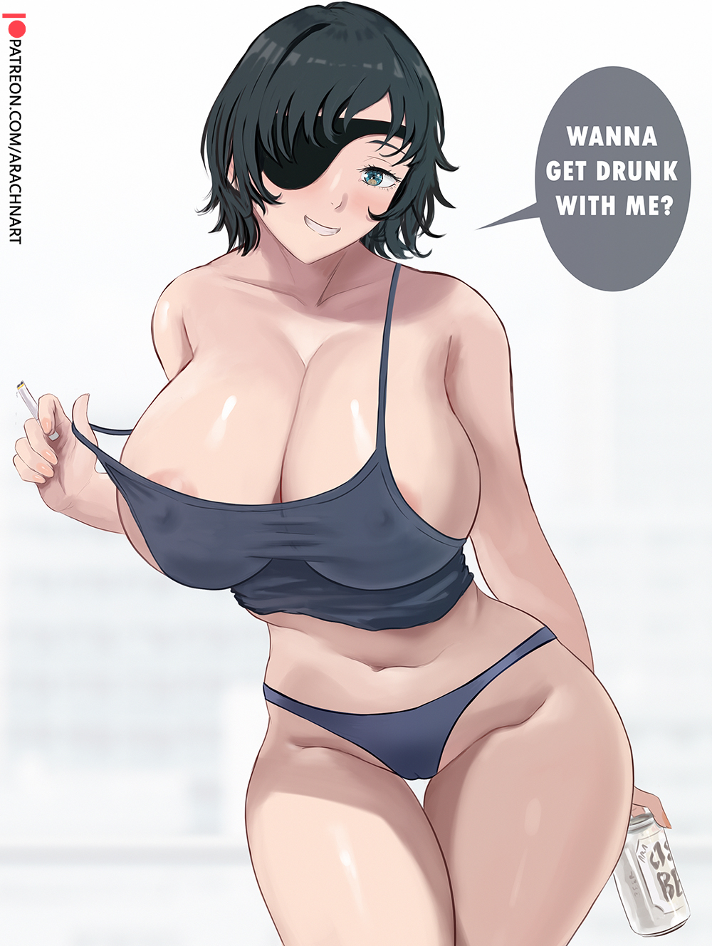1girl alcohol arachnart areola_slip beer black_hair breasts can chainsaw_man covered_nipples english_text eyepatch grey_eyes grin highres himeno_(chainsaw_man) holding huge_breasts looking_at_viewer navel nipples panties short_hair smile solo speech_bubble tank_top thick_thighs thigh_gap thighs underwear