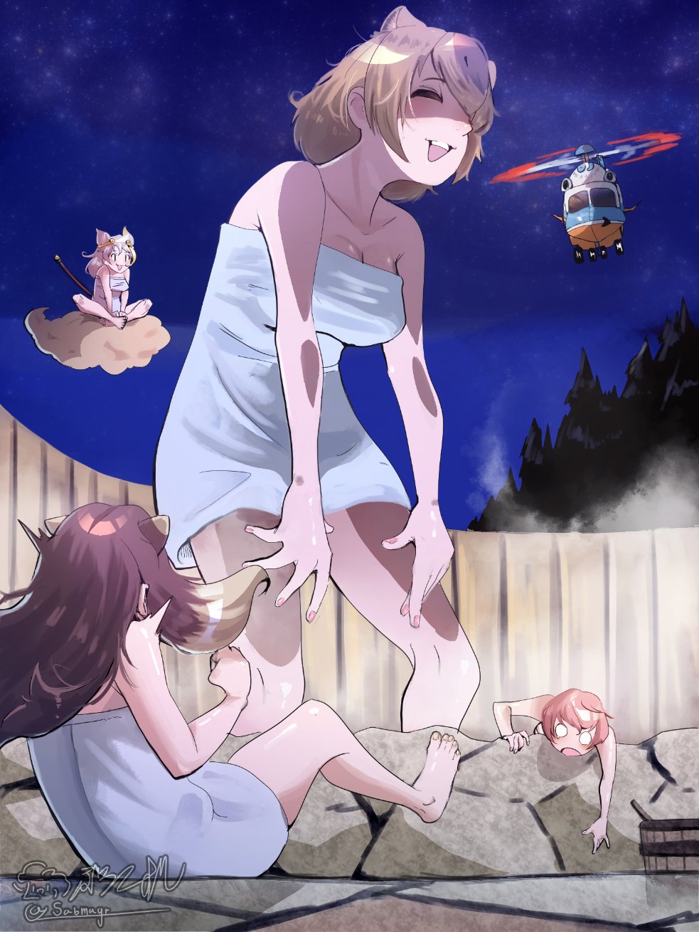 4girls alpine_marmot_(kemono_friends) animal_ears bangs breasts brown_hair capybara capybara_(kemono_friends) cleavage collarbone extra_ears fallen_down fingernails giant giantess highres japanese_macaque_(kemono_friends) kemono_friends light_brown_hair long_hair looking_at_another medium_hair multiple_girls naked_towel night o_o onsen open_mouth outdoors pink_hair riri_(dgra3272) scared shaded_face sitting size_difference sky smile son_goku_(kemono_friends) standing star_(sky) starry_sky steam tearing_up towel