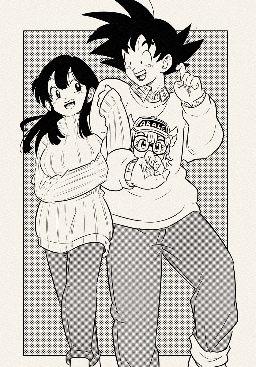 1boy 1girl breasts chi-chi_(dragon_ball) commentary dr._slump dragon_ball dragon_ball_z english_commentary greyscale hair_down hetero highres hime_cut husband_and_wife large_breasts locked_arms monochrome norimaki_arale open_mouth pants pants_rolled_up pink_mousse ribbed_sweater sleeves_past_wrists smile son_goku sweater turtleneck turtleneck_sweater