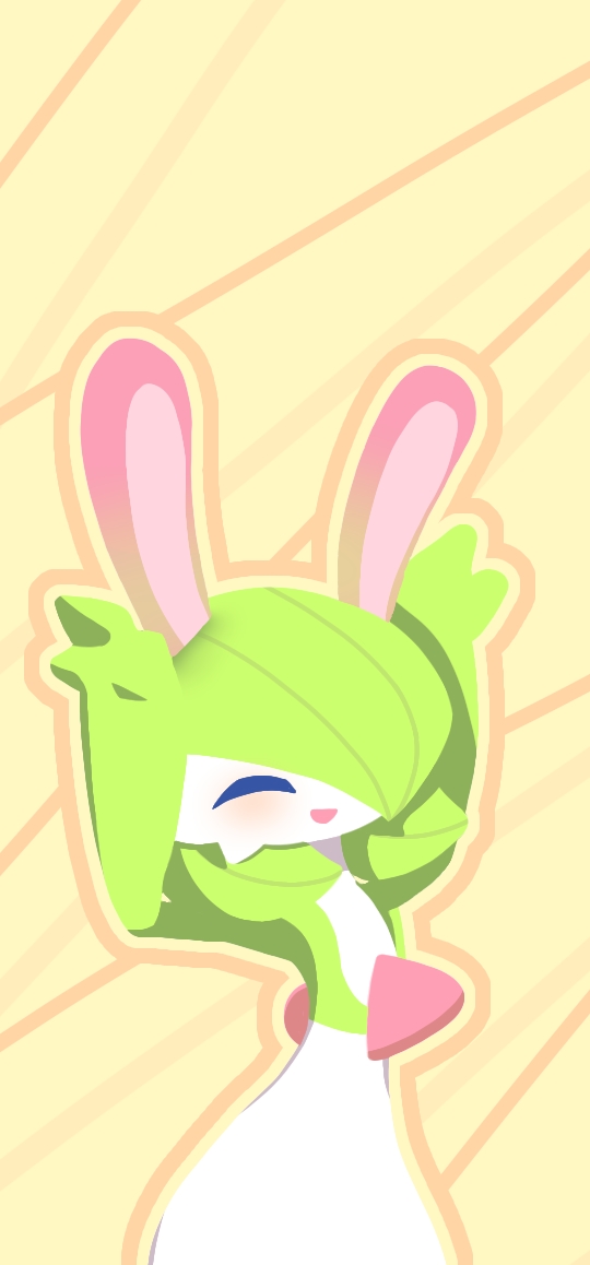 1girl ^_^ animal_ears arms_up bangs blush bob_cut bunny_pose closed_eyes colored_skin commentary_request flat_chest gardevoir green_hair green_skin hair_over_one_eye happy light_blush multicolored_skin one_eye_covered open_mouth outline pokemon pokemon_(creature) rabbit_ears rabbit_girl short_hair smile solo standing textless_version two-tone_skin upper_body white_skin yellow_background yellow_outline yuri_(pixiv_76483886)