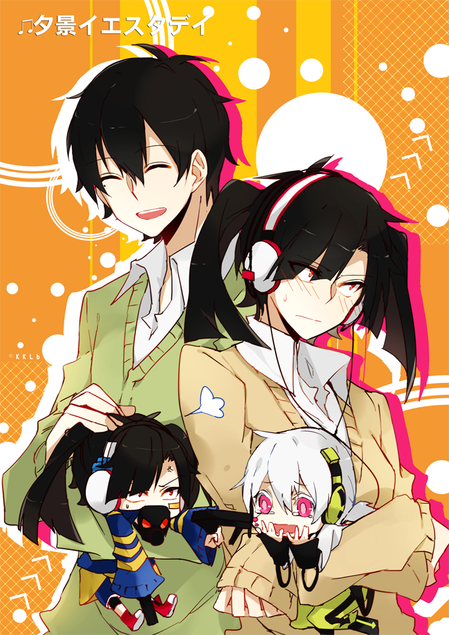1girl 2boys arrow_(symbol) at_gunpoint bad_gun_anatomy black_hair blue_jacket brown_cardigan cardigan chevron_(symbol) chibi circle closed_eyes closed_mouth collared_shirt commentary enomoto_takane facial_mark facing_to_the_side full_body gas_mask green_cardigan green_pants grid gun haikimono_shounen hand_on_another's_head hand_to_own_mouth handgun headphones holding holding_gun holding_weapon jacket kagerou_project kokonose_haruka konoha_(kagerou_project) long_sleeves looking_at_another looking_away mask mekakucity_actors mole mole_under_eye multicolored_clothes multicolored_jacket multiple_boys musical_note open_collar open_mouth orange_background pants red_eyes red_footwear scared shirt shoes side-by-side sleeves_past_wrists smile song_name striped striped_background striped_jacket symbol-only_commentary tears teeth twintails two-tone_footwear two-tone_jacket upper_body upper_teeth_only vertical_stripes weapon white_footwear white_hair white_shirt wide-eyed yellow_jacket yuukei_yesterday_(vocaloid)