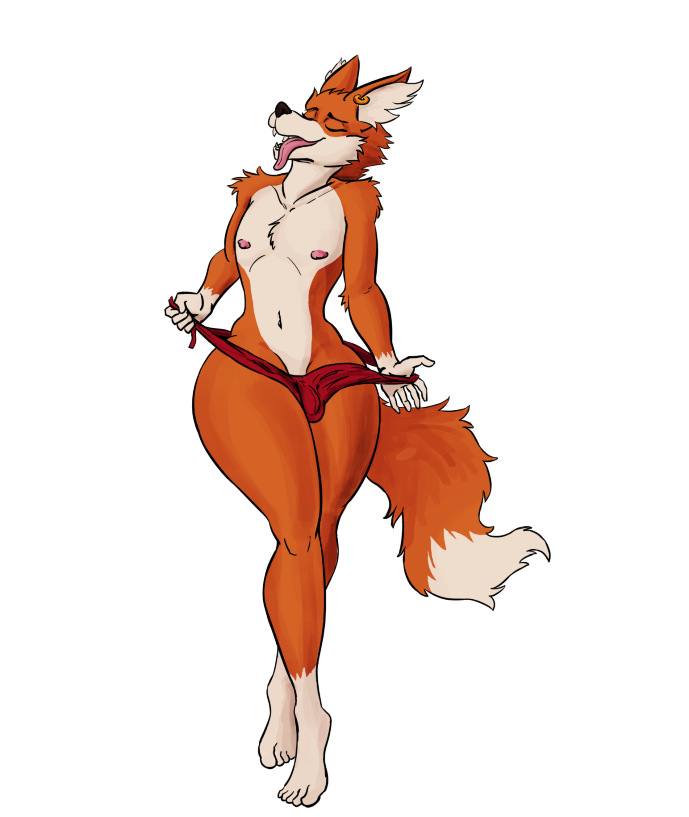 2022 anthro bulge canid canine detailed_bulge ear_piercing ear_ring eyes_closed fluffy fluffy_tail fox licker69666 male mammal navel nipples piercing removing_underwear ring_piercing solo tail tongue tongue_out wide_hips