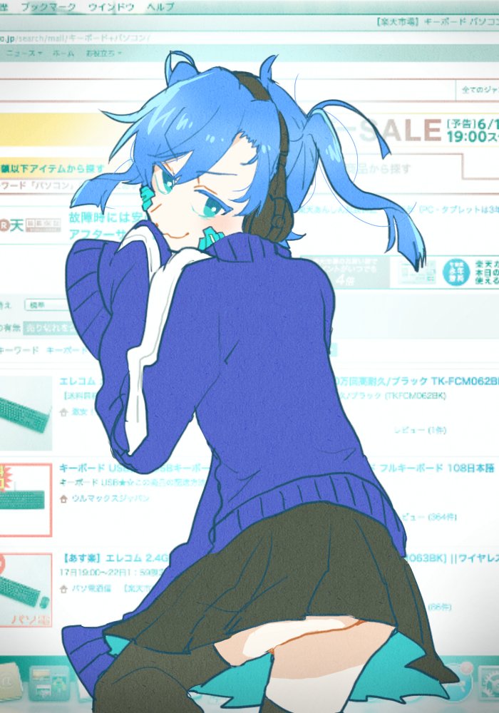 1girl ad aqua_skirt ass black_skirt black_thighhighs blue_hair blue_jacket blunt_ends closed_mouth colored_eyelashes cowboy_shot ene_(kagerou_project) english_text facial_mark fake_screenshot from_behind headphones jacket kagerou_project keyboard_(computer) looking_at_viewer looking_back mekakucity_actors miniskirt mixed-language_text mokemoke_chan picture_(object) pleated_skirt skirt sleeves_past_fingers sleeves_past_wrists solo thighhighs turning_head twintails two-tone_skirt very_long_sleeves wavy_mouth web_address